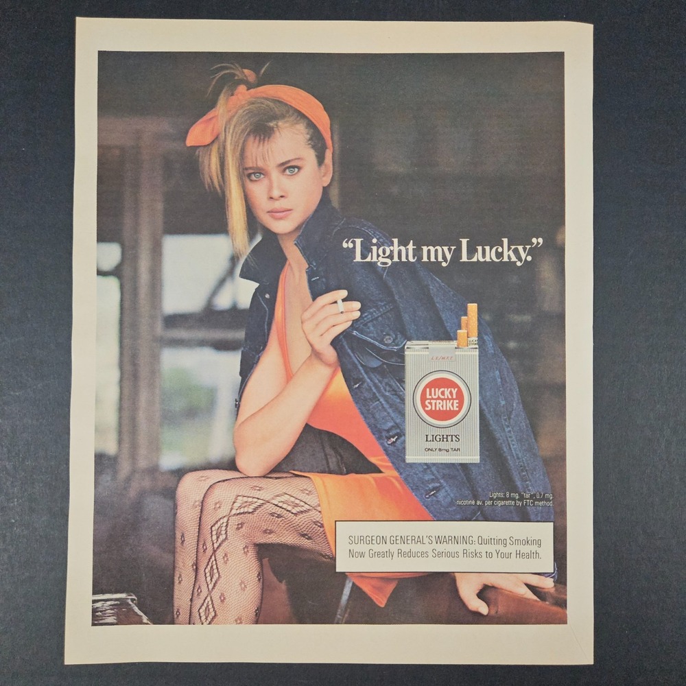 1987 Light My Lucky Strike Cigarettes Vintage Print Ad Blue Eyed Blonde Beauty
